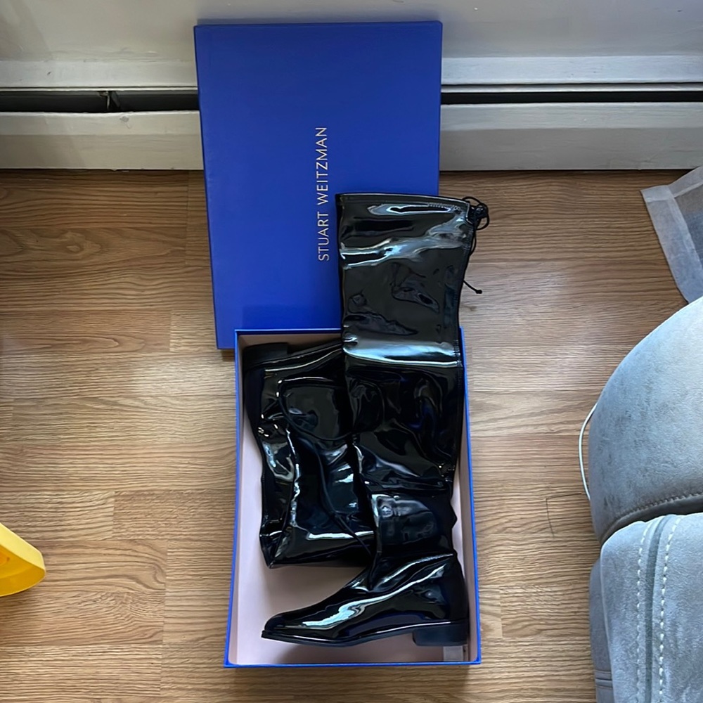 Stuart Weitzman 5050 Black Patent Leather Women Boots Over The Knee Size 7